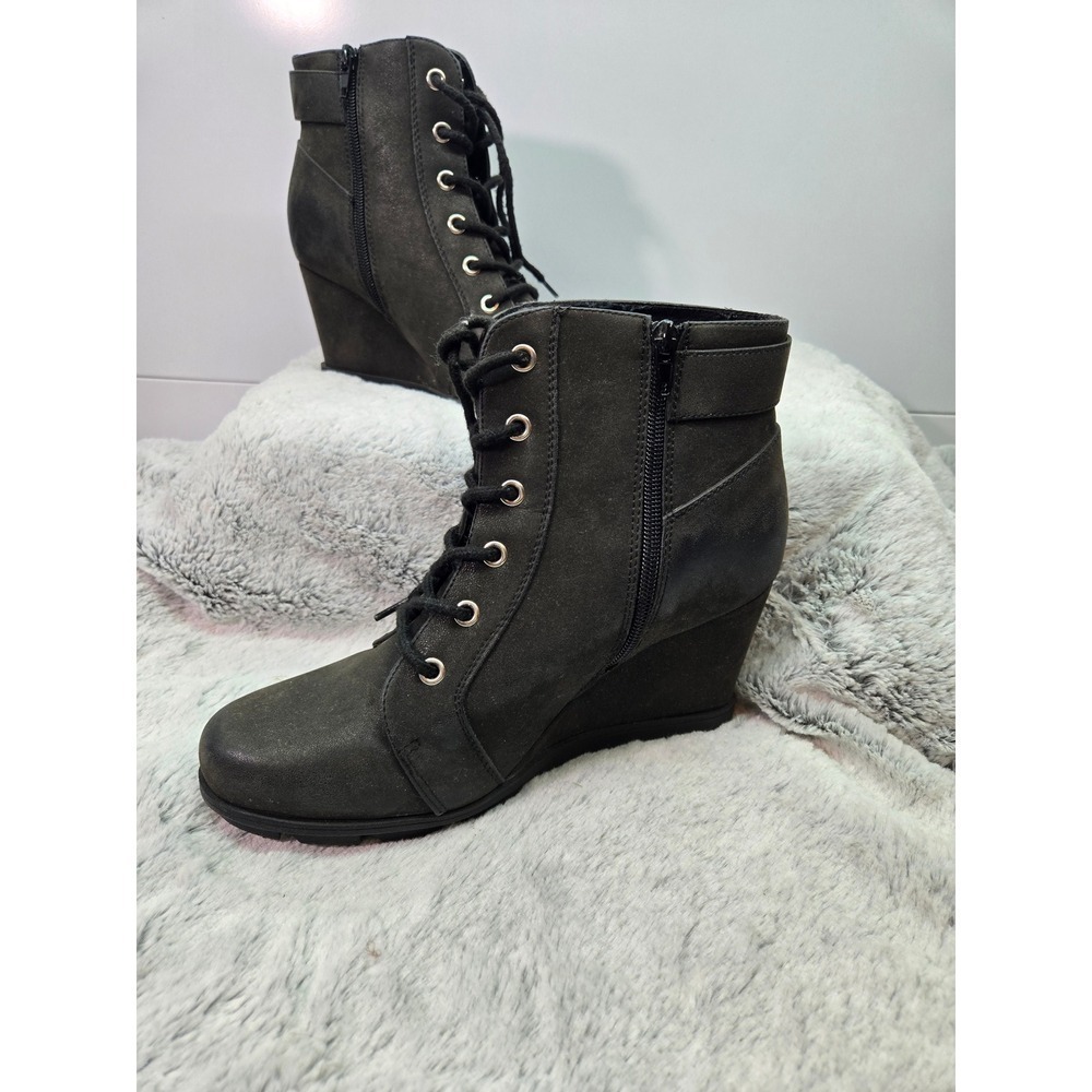 Unr8ed Carbon Wedge Booties Women's‎ 8.5M Black Lace Up Ankle Boots Zip Casual